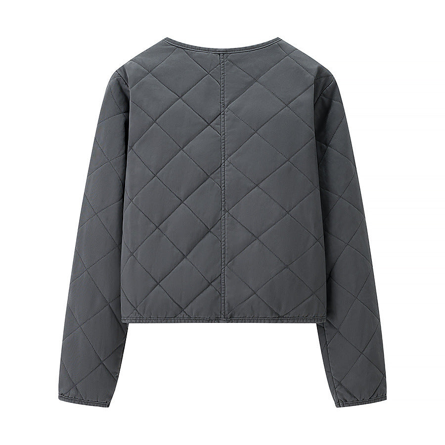 Women Light Quilted Short Jacket with Round Neck, Full Zip and Subtle Waist Length