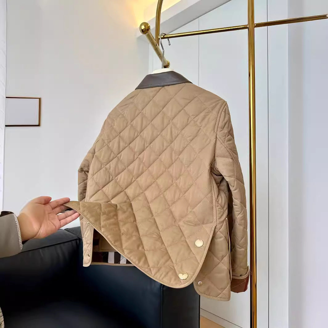 Ladies fashionable quilted jacket with elegant leather collar