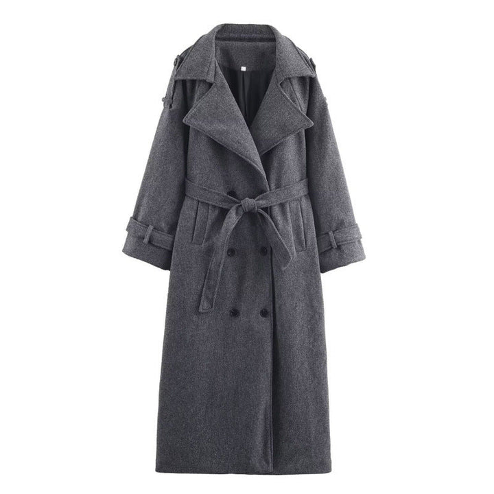 Women’s long double-breasted wool blend trench coat with belt and wide lapels