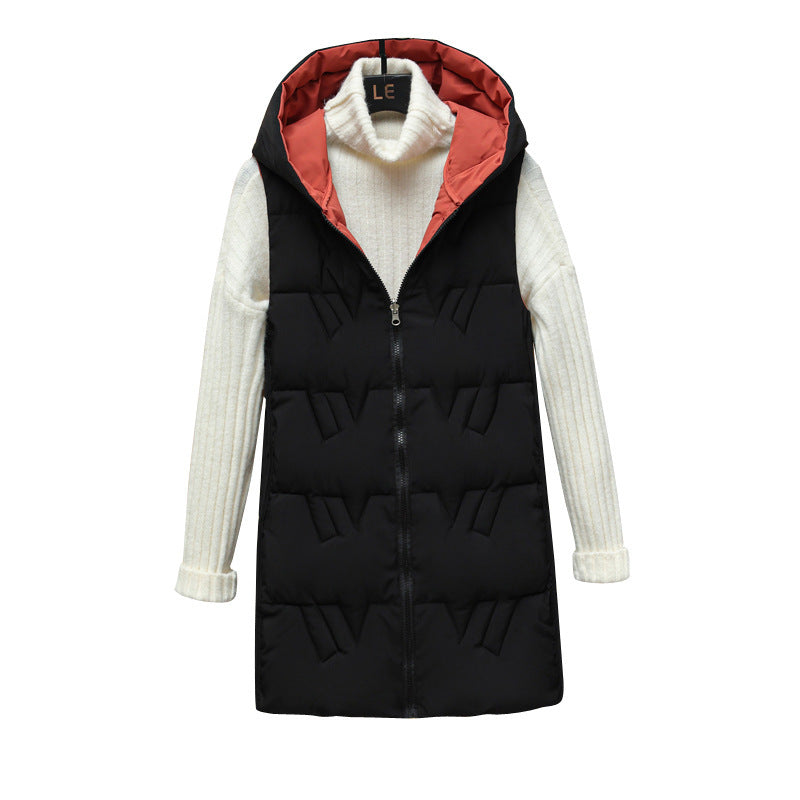 Women’s quilted long padded hooded vest with zip