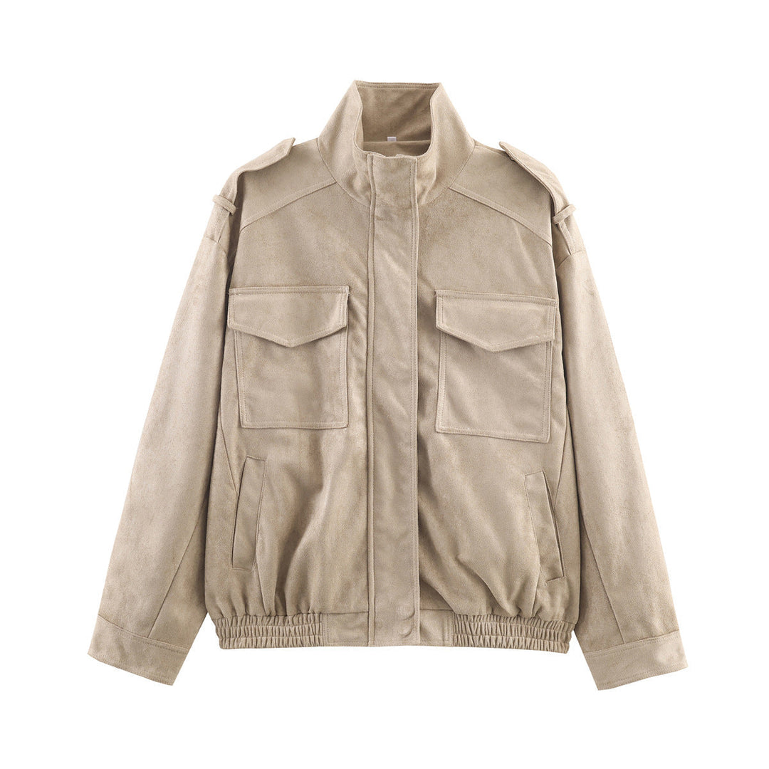 Women’s short jacket in military style with epaulets, patch chest pockets, and elastic hem