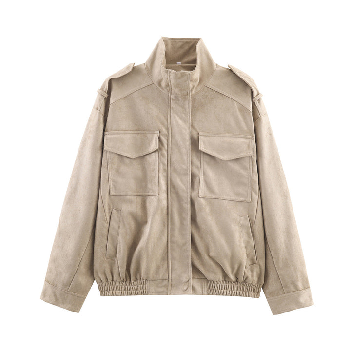 Women’s short jacket in military style with epaulets, patch chest pockets, and elastic hem