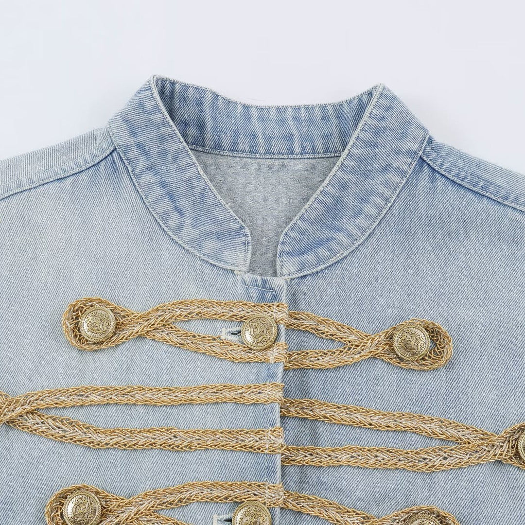 Ladies short-cut denim jacket in military style with decorative cord appliqués