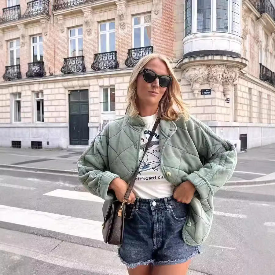 Women Padded Quilted Jacket with Stand-up Collar and Oversized Cut