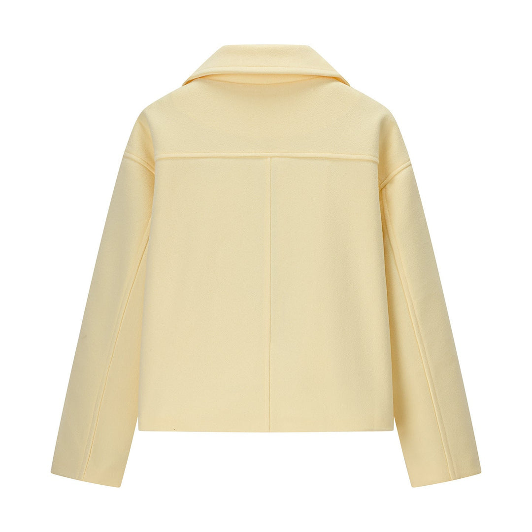 Women Short Boxy Peacoat in Wool Blend with Double-Breasted Button Placket and Piped Pockets