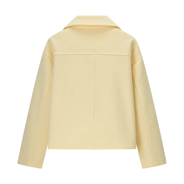 Women Short Boxy Peacoat in Wool Blend with Double-Breasted Button Placket and Piped Pockets
