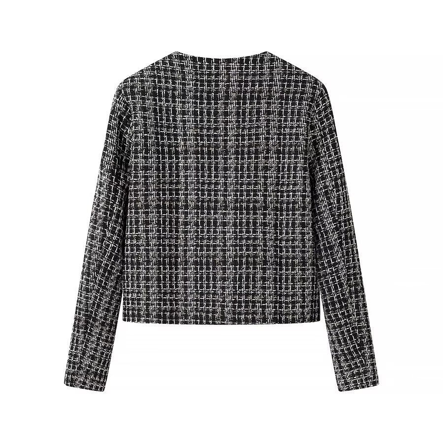 Women Short Boucle Tweed Jacket with Round Neck, Decorative Decorative Buttons and Patch Pockets