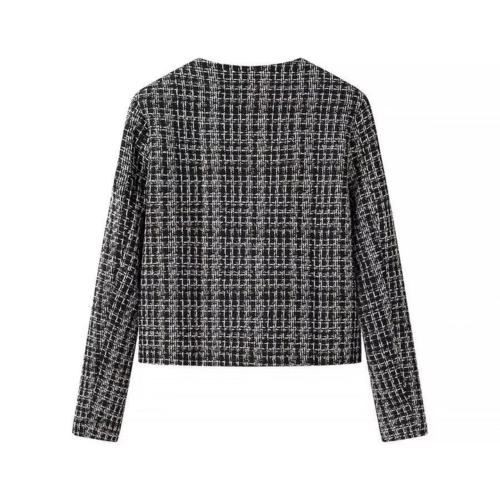 Women Short Boucle Tweed Jacket with Round Neck, Decorative Decorative Buttons and Patch Pockets