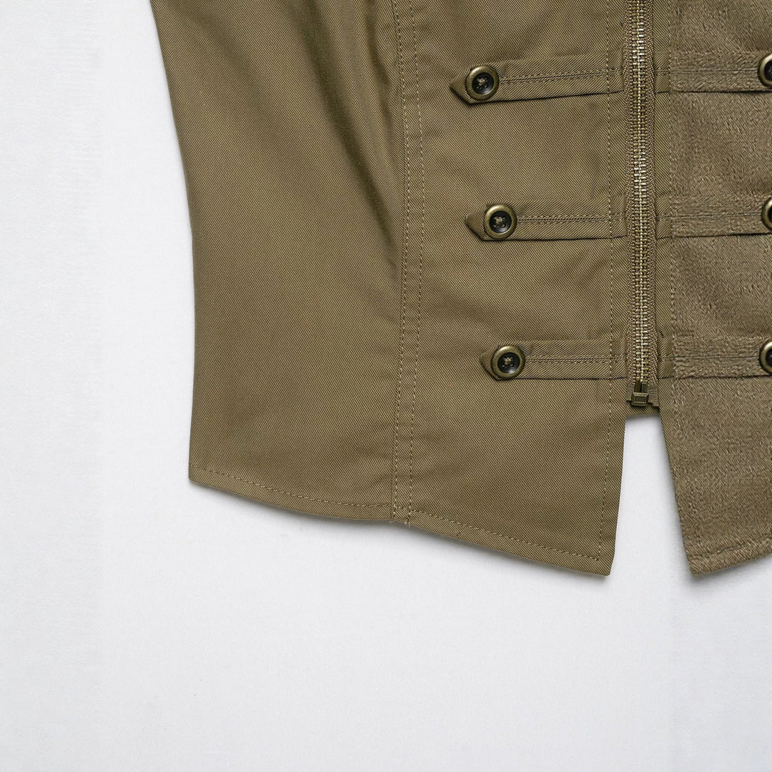 Ladies Tailored Canvas Vest with Front Zip and Decorative Button Ribbons