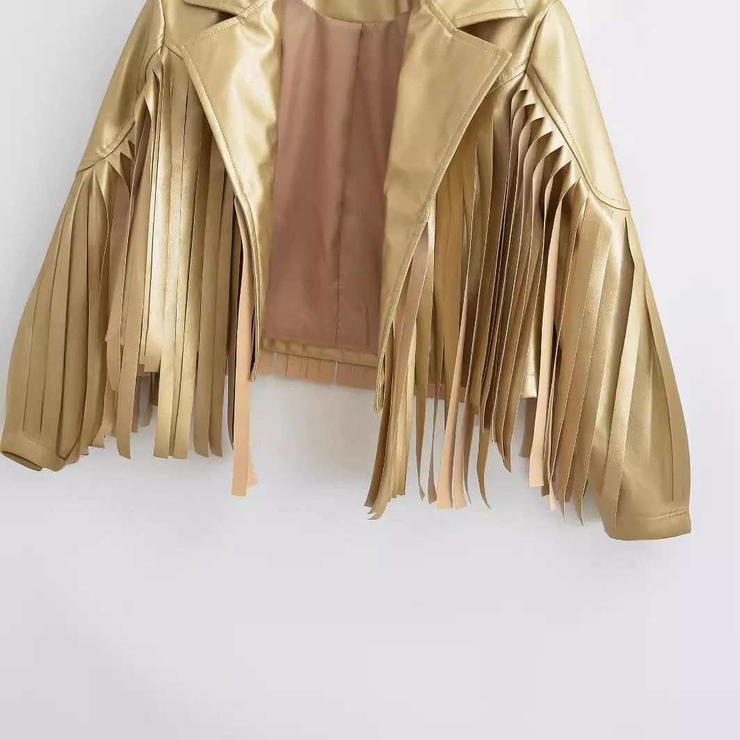 Women’s short jacket in biker style with metallic look and long leather fringes