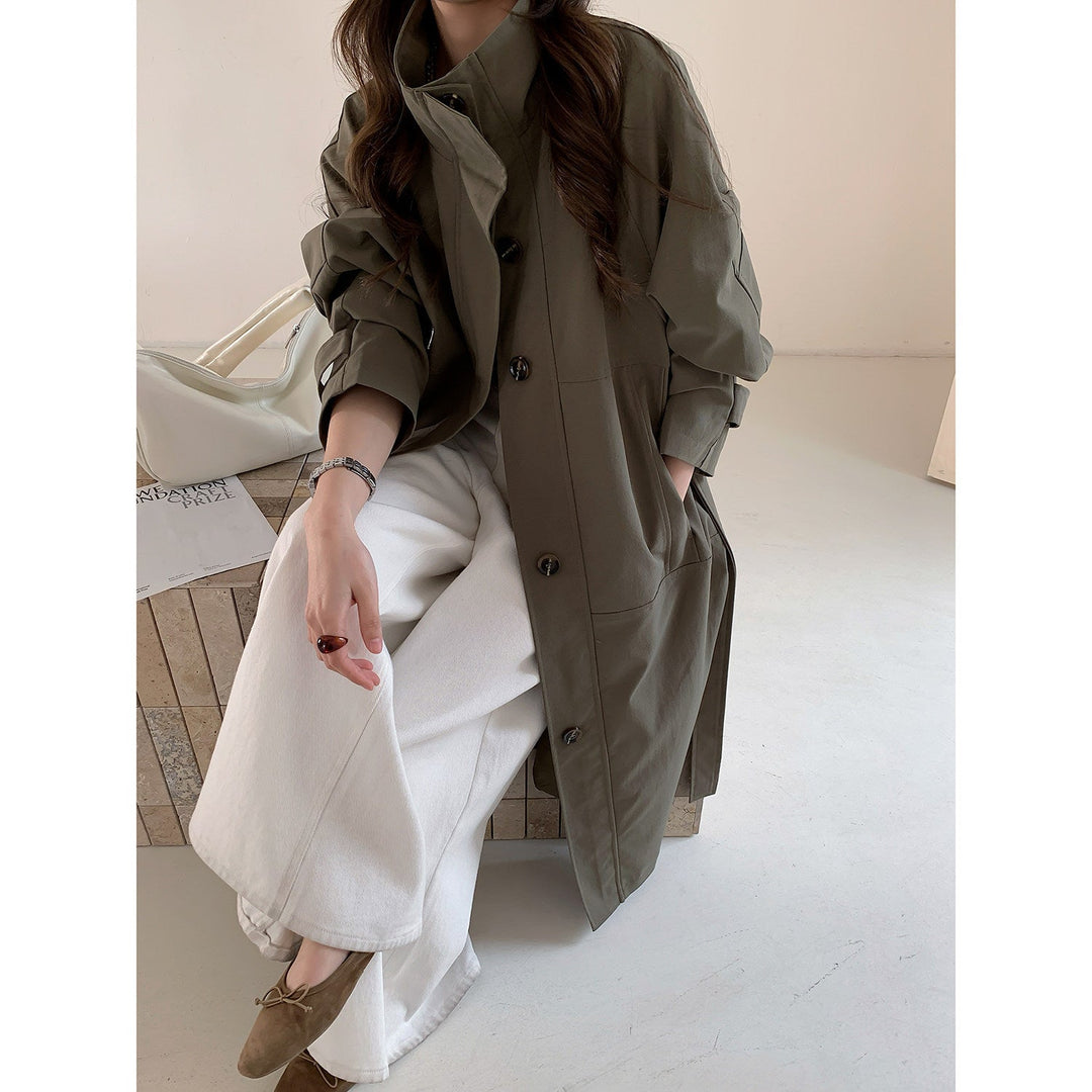Women Lightweight Oversized Trench Coat with Stand Collar and Large Pockets