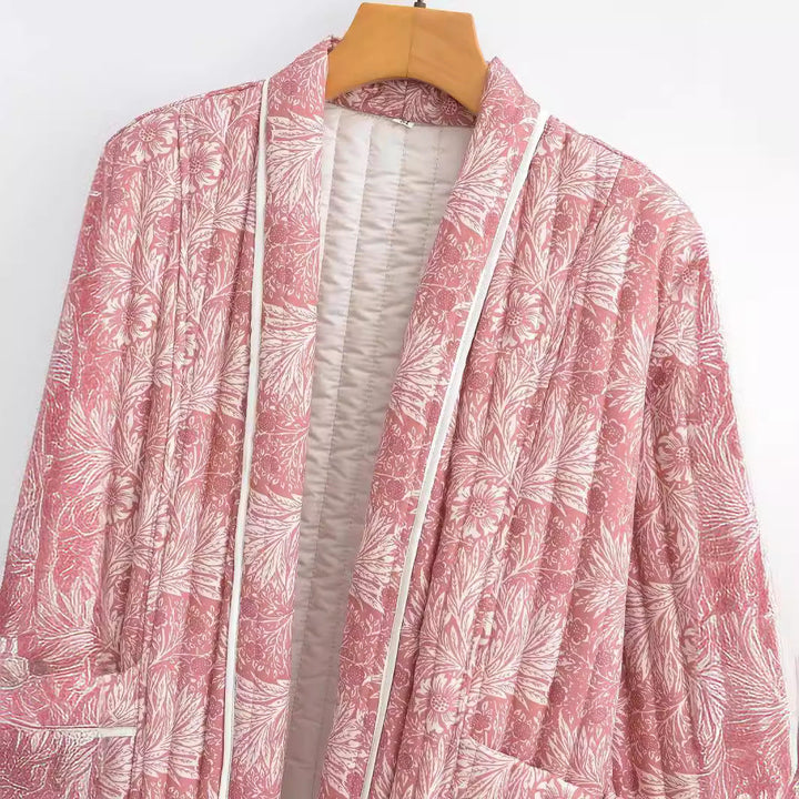 Women Light Quilted Jacket in Kimono Style with Floral Block Print and Contrast Piping