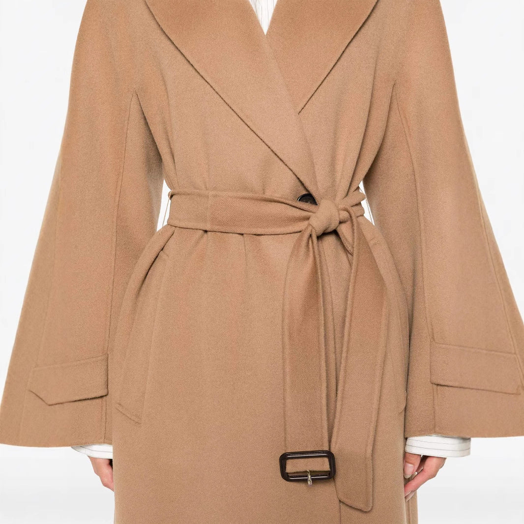 Women’s wrap coat made of wool blend with waist belt and oversized shoulder
