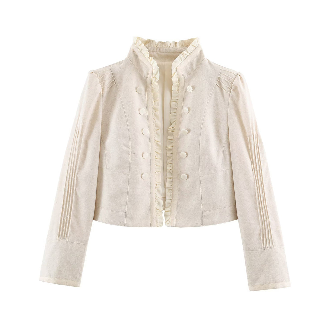 Women tailored short jacket with ruffled collar and decorative button placket