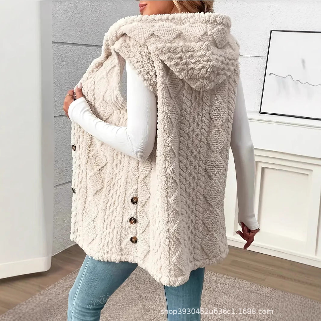 Women Fleece Lined Teddy Vest with Hood and Button Closure
