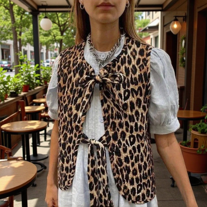 Women Sleeveless Leopard Print Vest with Ties and Textured Surface