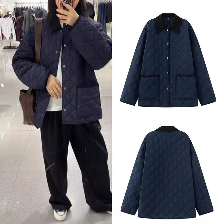 Women Lightweight Quilted Transitional Jacket in Oversized Cocoon with Cord Collar