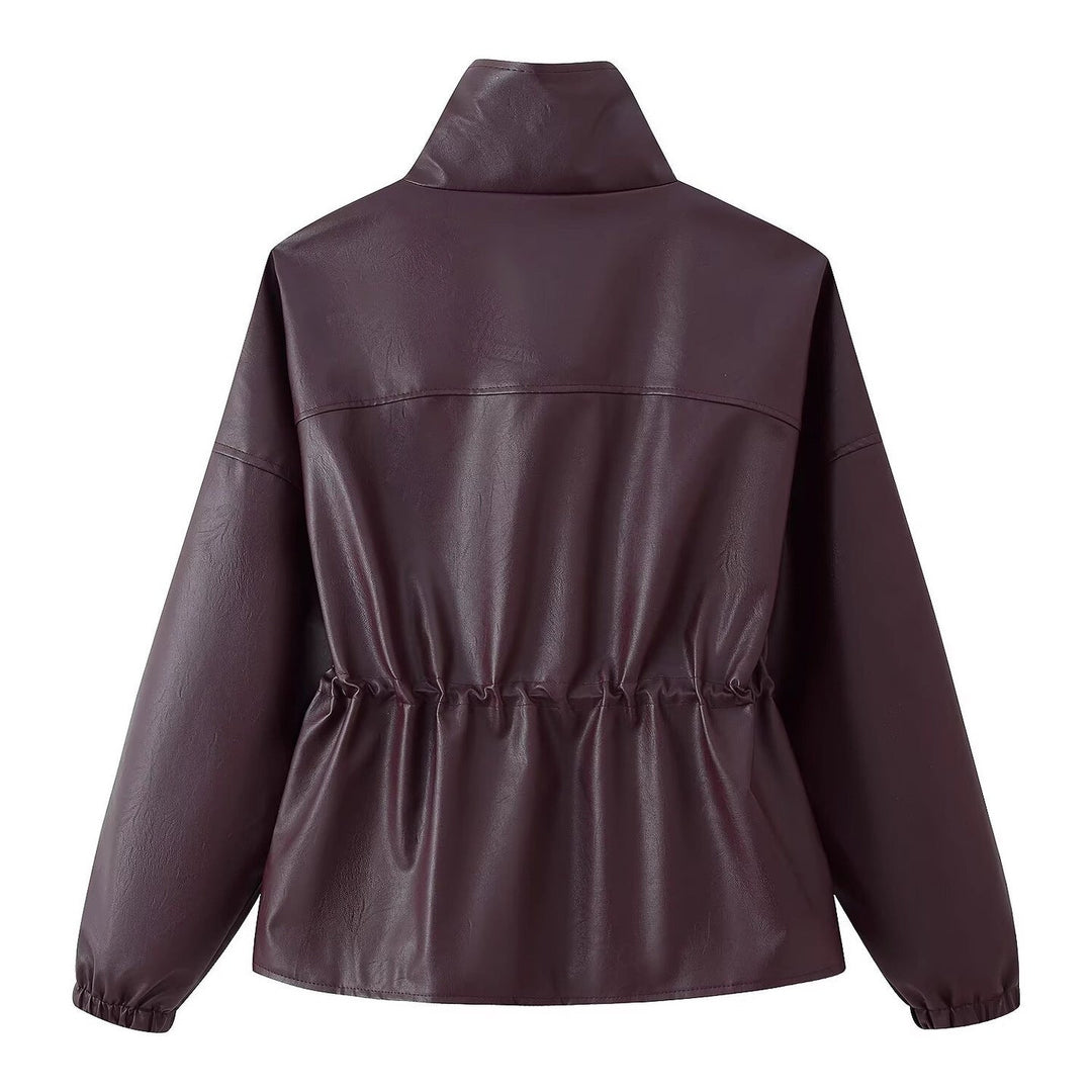 Women Faux Leather Parka with Stand Collar, Waist Drawstring, and Placket Pockets