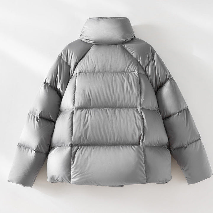 Women Short Boxy Puffer Jacket with High Stand Collar and Raglan Sleeves