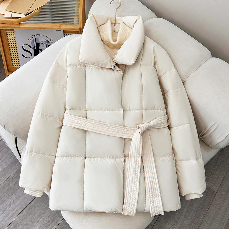 Women nan tailored padded jacket with wide stand-up collar, quilted tie belt and ribbed cuffs