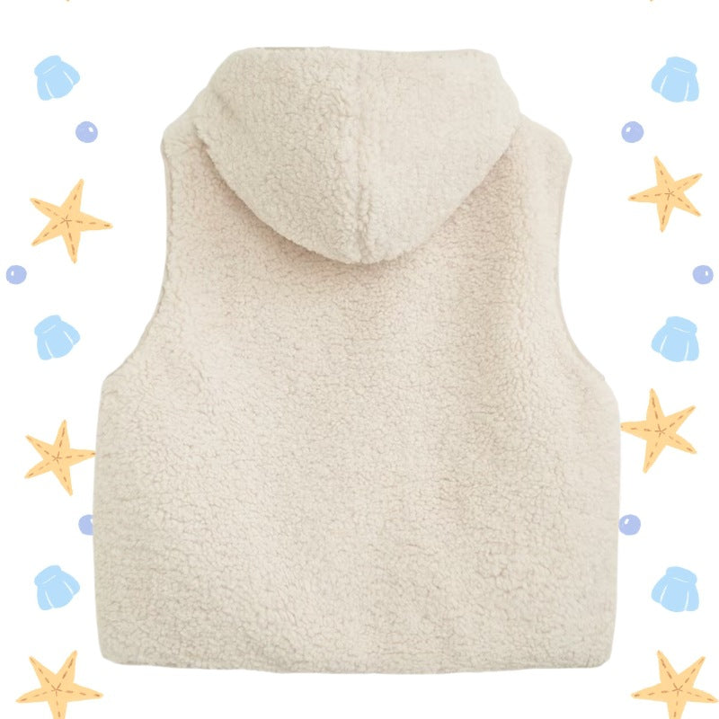Women Padded Sherpa Vest with Hood, Zip and Patch Pockets