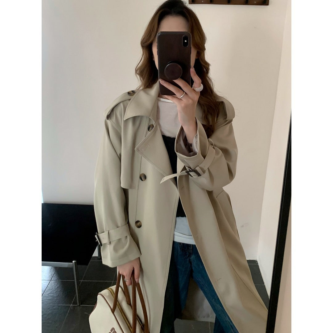 Women Long Trench Coat with High Collar, Double Storm Flap and Adjustable Cuffs
