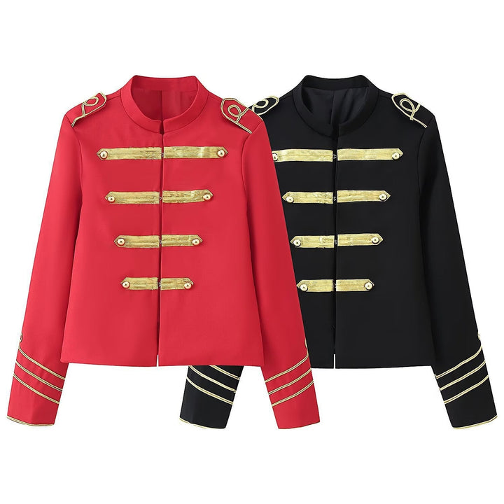 Ladies Cropped Military Jacket with Gold Embroidered Galloons and Stand-up Collar