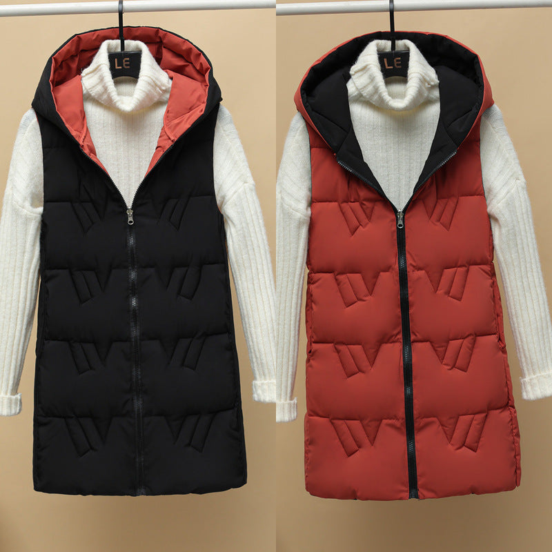 Women’s quilted long padded hooded vest with zip