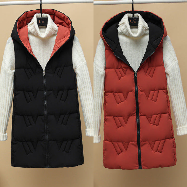 Women’s quilted long padded hooded vest with zip