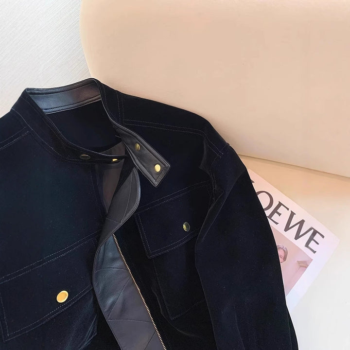 Ladies Stylish Velvety Transitional Jacket with Leather Accents