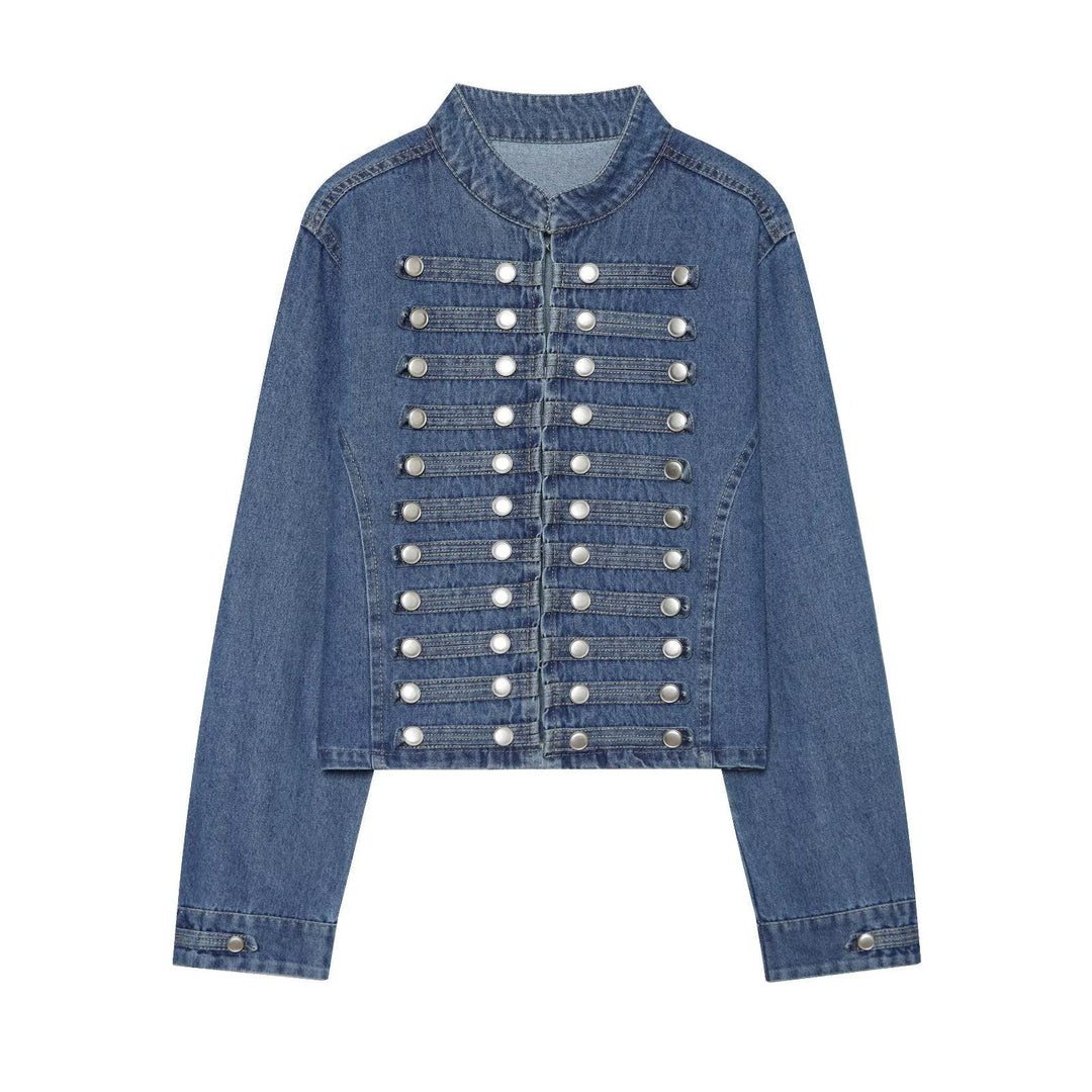 Ladies short cut denim jacket in military style with stand-up collar and decorative button rows