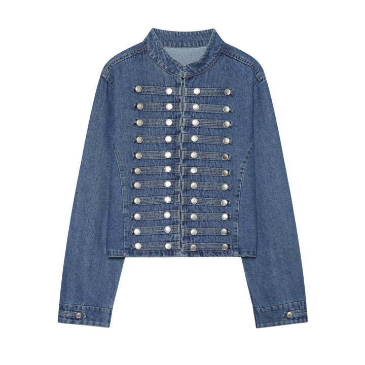 Ladies short cut denim jacket in military style with stand-up collar and decorative button rows