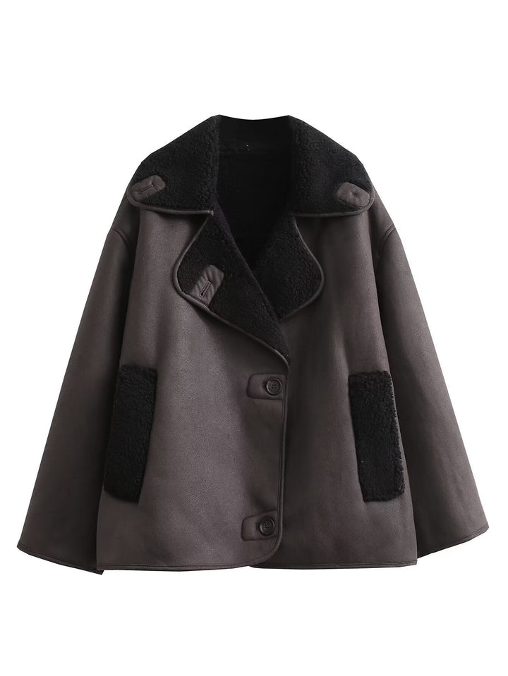Ladies short jacket in lamb fur look with shawl collar and side patch pockets
