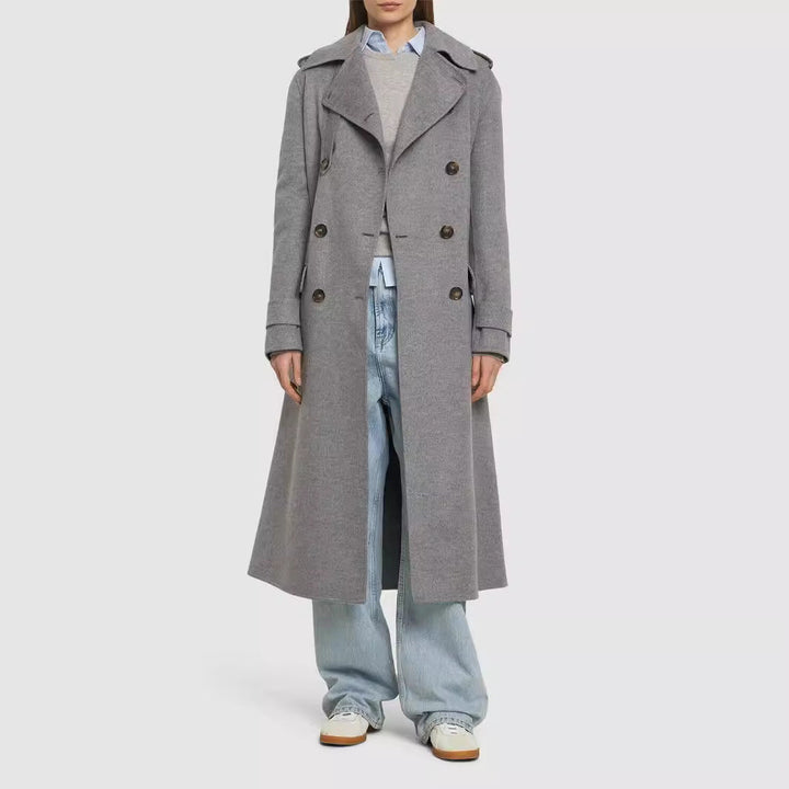 Women Mid-length Tailored Double-breasted Trench Coat made of Wool Blend with Flared Hem