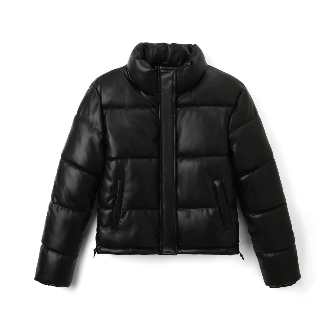 Women Short Cut Quilted Faux Leather Padded Jacket with High Standing Collar