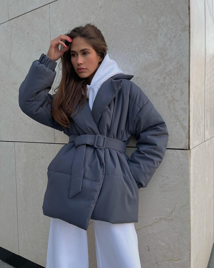 Women Padded Tailored Quilted Jacket with Belt and Hood