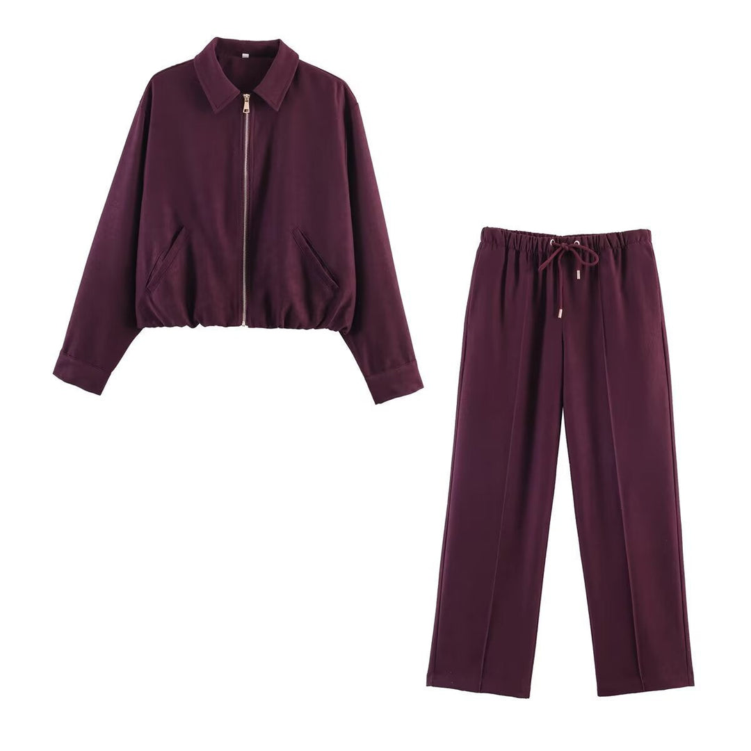 Ladies cropped blouson jacket in velour look with shirt collar, elastic hem and side pockets