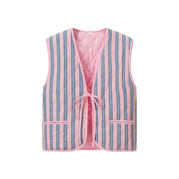Women Padded Quilted Vest with Floral Allover Look and Tie Band