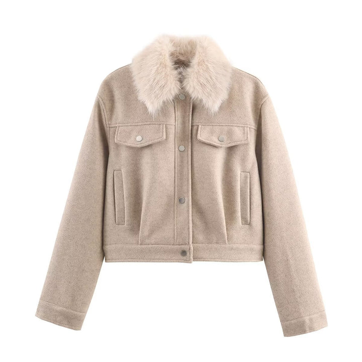Ladies short wool jacket with voluminous fur collar, snap-button front and patch chest pockets