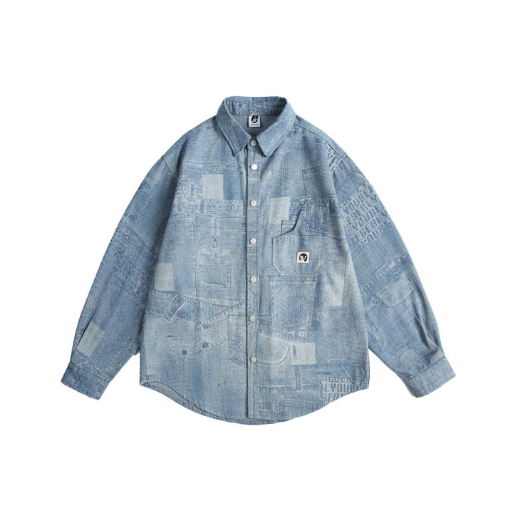 Unisex Oversized-Denim-Shirt Jacket with Patchwork Print and Snap Button Placket