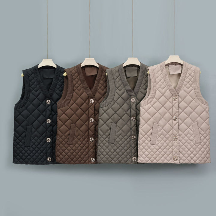 Ladies nano quilted vest with decorative buttons and V-neck