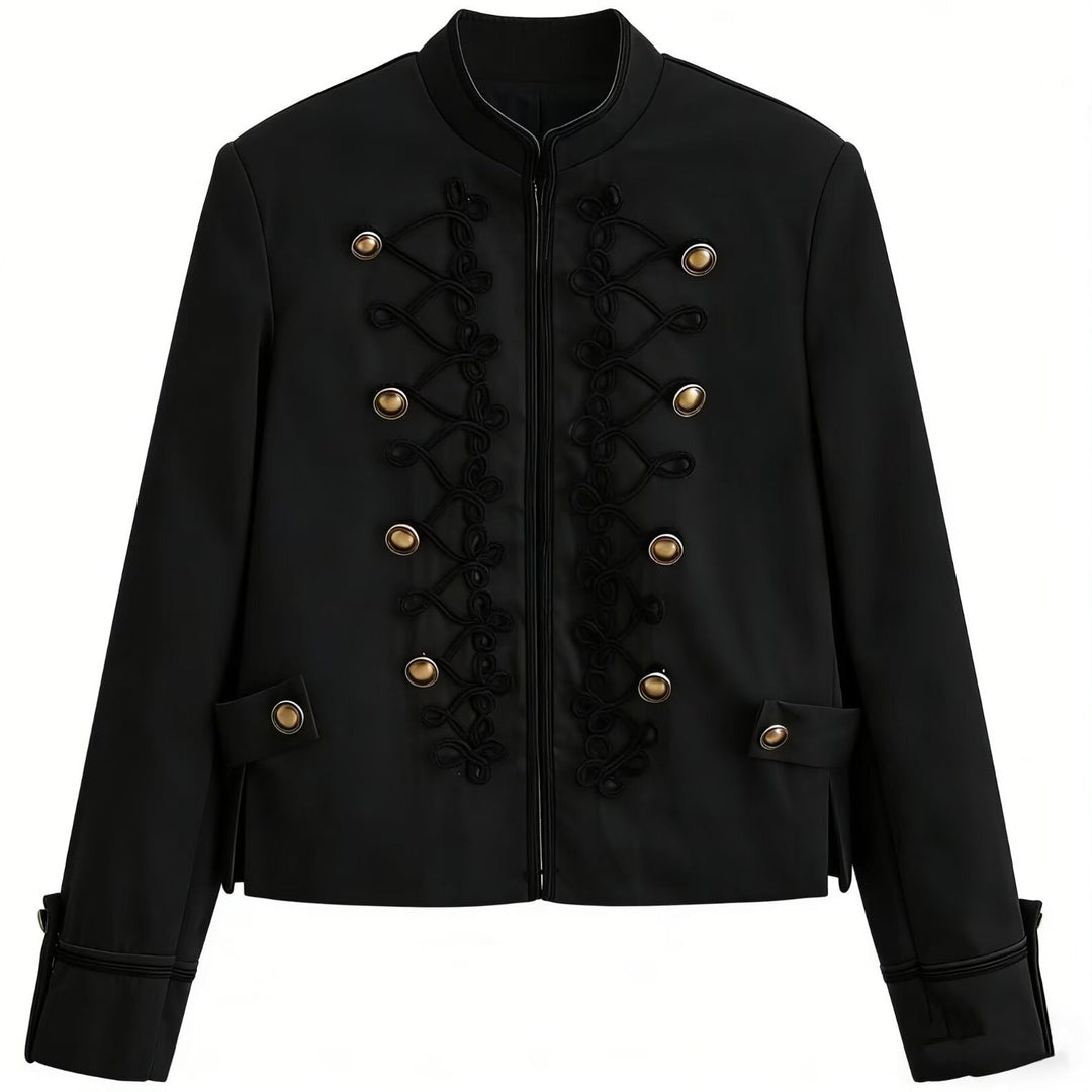 Women’s short military-style jacket with decorative cords and stand-up collar