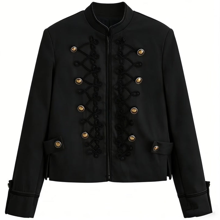Women’s short military-style jacket with decorative cords and stand-up collar