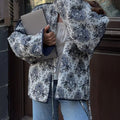 Women Quilted Kimono Jacket with Ornamental Jacquard Look and Contrasting Piping