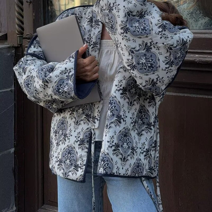 Women Quilted Kimono Jacket with Ornamental Jacquard Look and Contrasting Piping