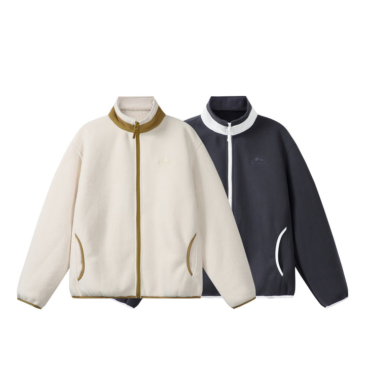 Unisex Oversize Fleece-Zip Jacket with Stand-up Collar and Contrast Piping