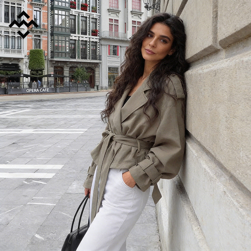 Women Lightweight Short Trench Coat with Wide Lapels, Long Ties and Adjustable Cuffs