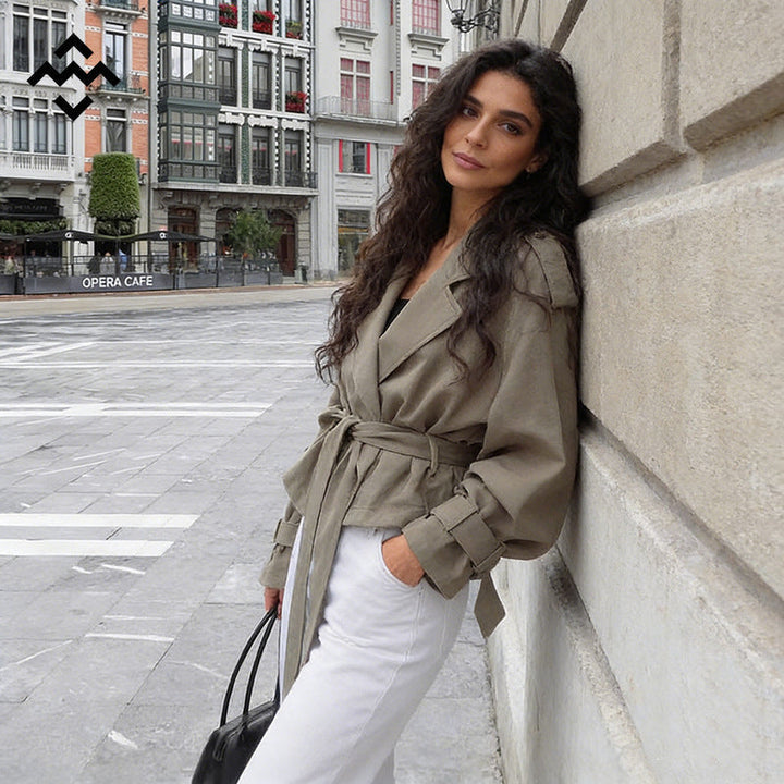 Women Lightweight Short Trench Coat with Wide Lapels, Long Ties and Adjustable Cuffs