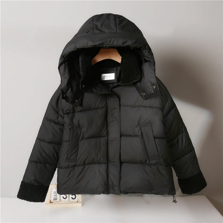 Womens non-padded short jacket in boxy cut with sherpa collar and adjustable drawstring hem