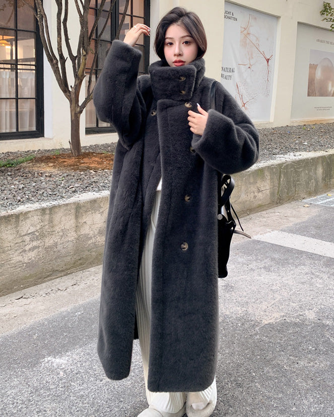 Collar Double Breasted faux mink Fur long coat